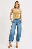 RISEN Full Size Mid Rise Fit Barrel Roll Up Jeans Plus Size - Trendsi - Flyclothing LLC