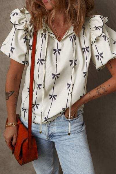 Bow Print Tie Neck Short Sleeve Blouse - Trendsi - Flyclothing LLC