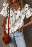Bow Print Tie Neck Short Sleeve Blouse - Trendsi - Flyclothing LLC