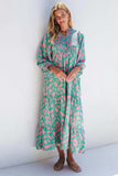 Smocked Printed Tie Neck Long Sleeve Dress - Trendsi - Flyclothing LLC