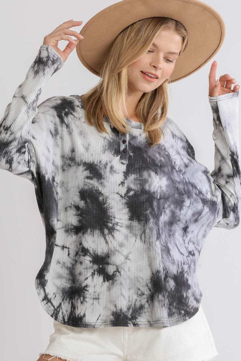 Umgee Full Size Tie Dye Round Neck Ribbed Button Front Top Plus Size - Trendsi - Flyclothing LLC
