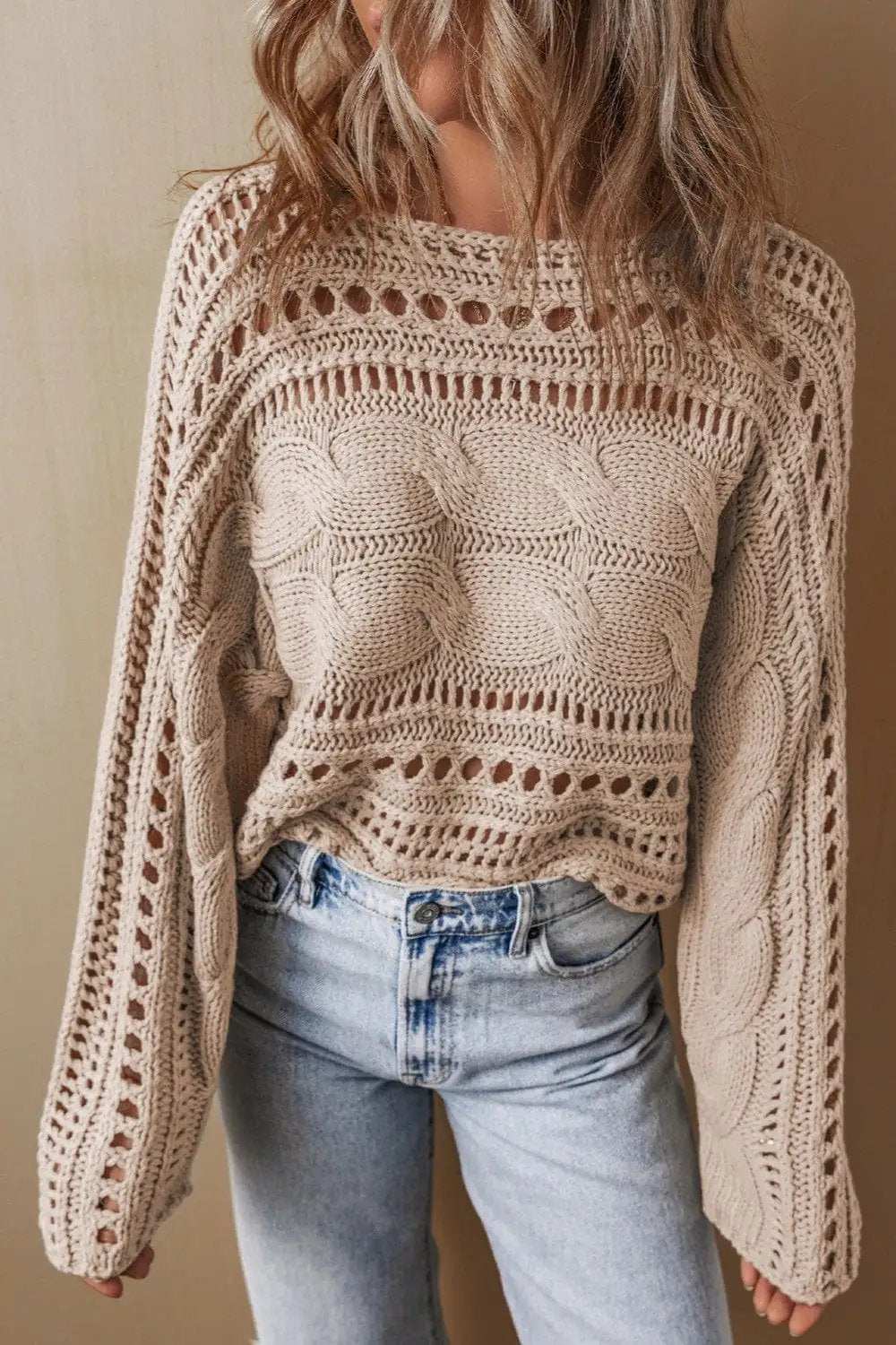 Cable-Knit Openwork Long Sleeve Sweater - Trendsi - Flyclothing LLC