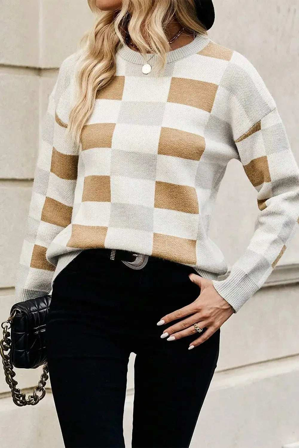 Color Block Round Neck Sweater - Trendsi - Flyclothing LLC