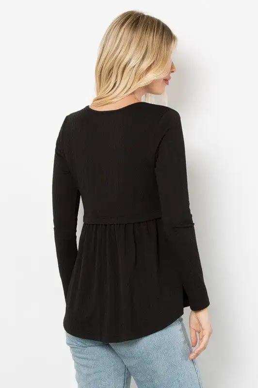 Be Stage Full Size Texture Babydoll Round Neck Long Sleeve Knit Top - Trendsi - Flyclothing LLC
