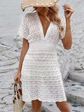Openwork Plunge Short Sleeve Cover-Up Dress - Trendsi - Flyclothing LLC