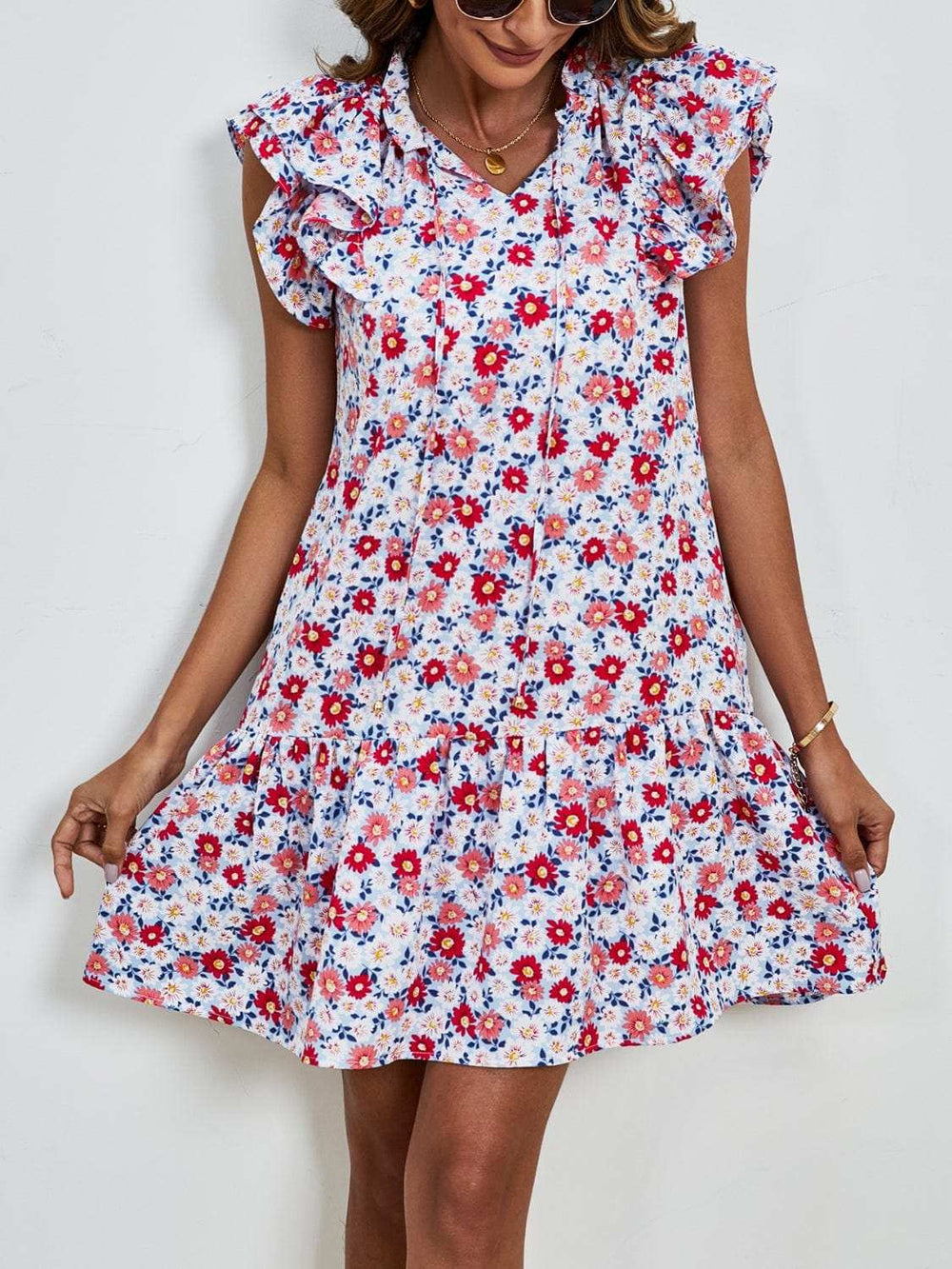Tied Floral Cap Sleeve Mini Dress - Trendsi - Flyclothing LLC