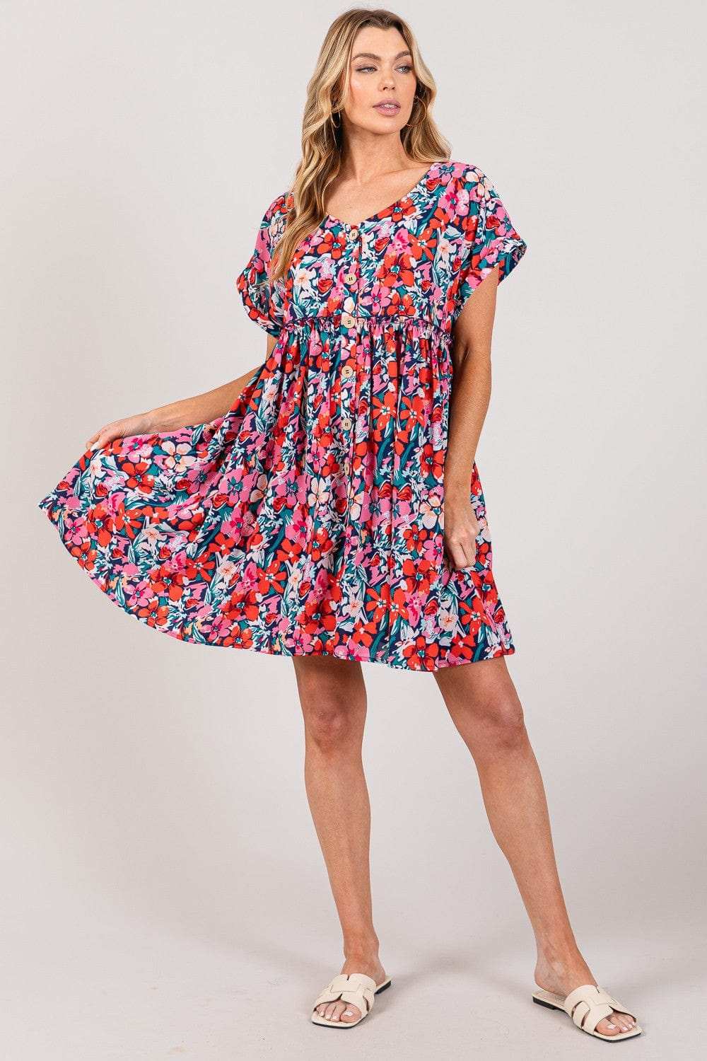 SAGE + FIG Floral Button Down Short Sleeve Mini Dress - Trendsi - Flyclothing LLC
