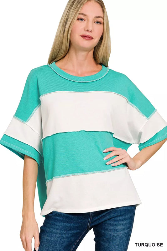 Zenana French Terry Color Block Exposed Seam Top - Trendsi - Flyclothing LLC