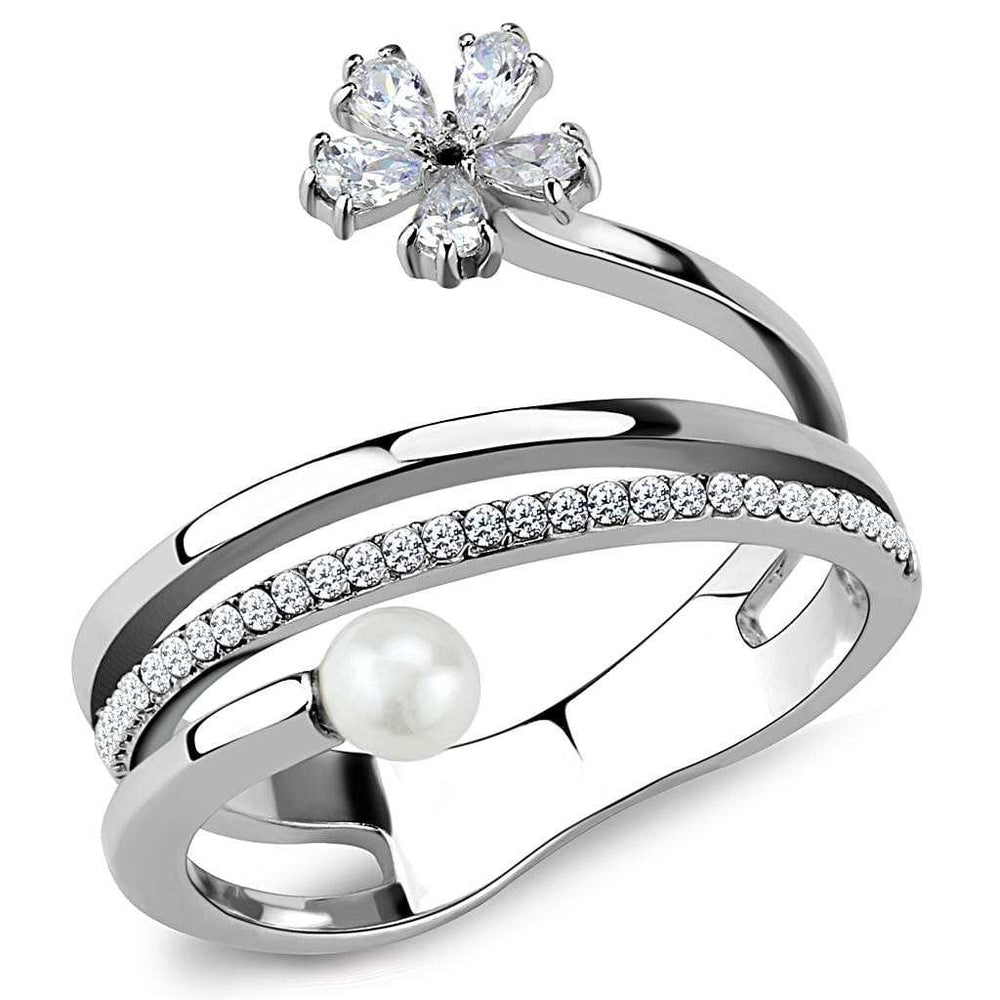 DA059 - High polished (no plating) Stainless Steel Ring with Synthetic Pearl in White - Alamode - Flyclothing LLC