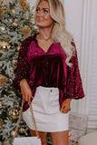 Sequin Notched Long Sleeve Blouse - Trendsi - Flyclothing LLC