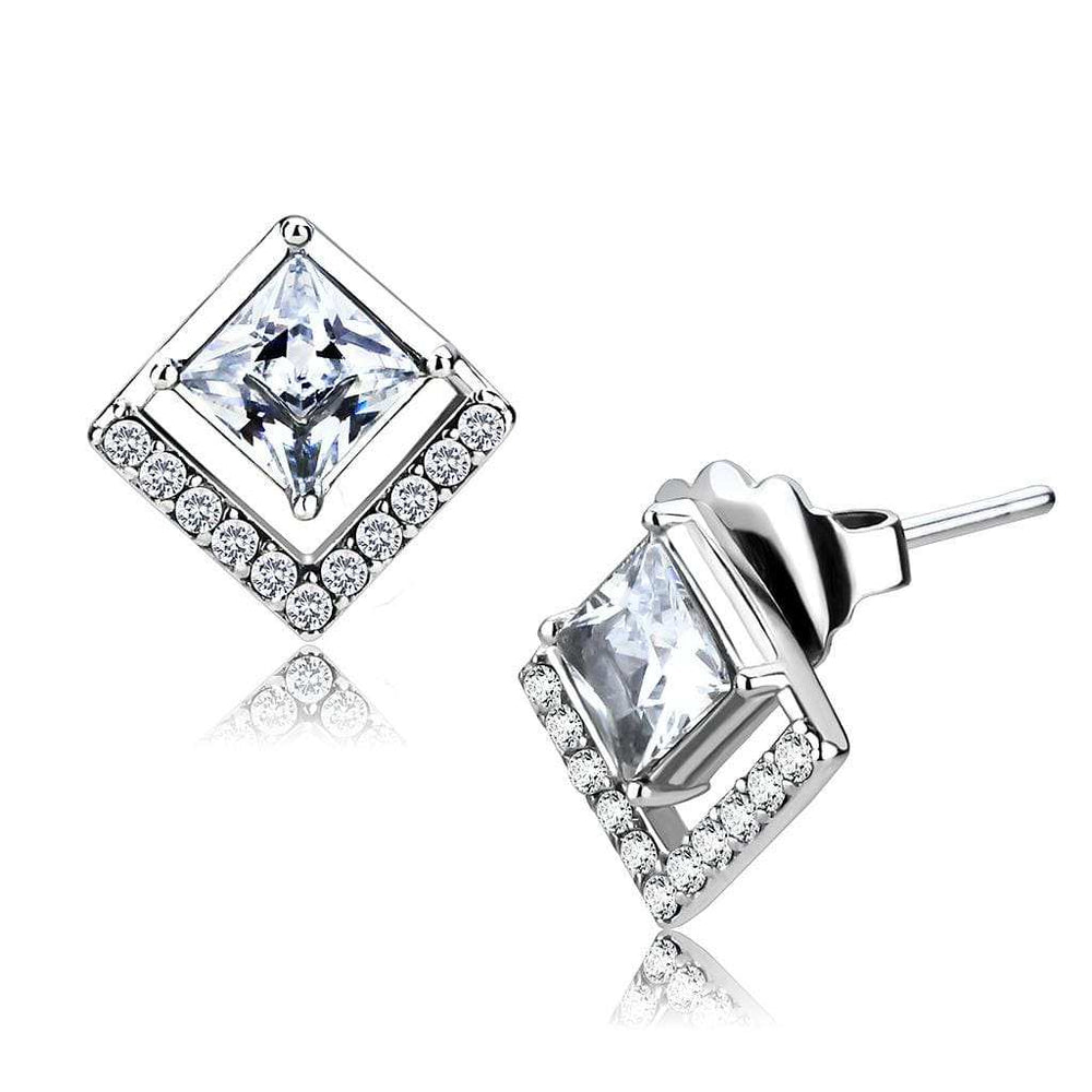 DA071 - High polished (no plating) Stainless Steel Earrings with AAA Grade CZ in Clear - Alamode - Flyclothing LLC