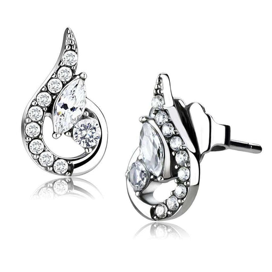 DA074 - High polished (no plating) Stainless Steel Earrings with AAA Grade CZ in Clear - Alamode - Flyclothing LLC