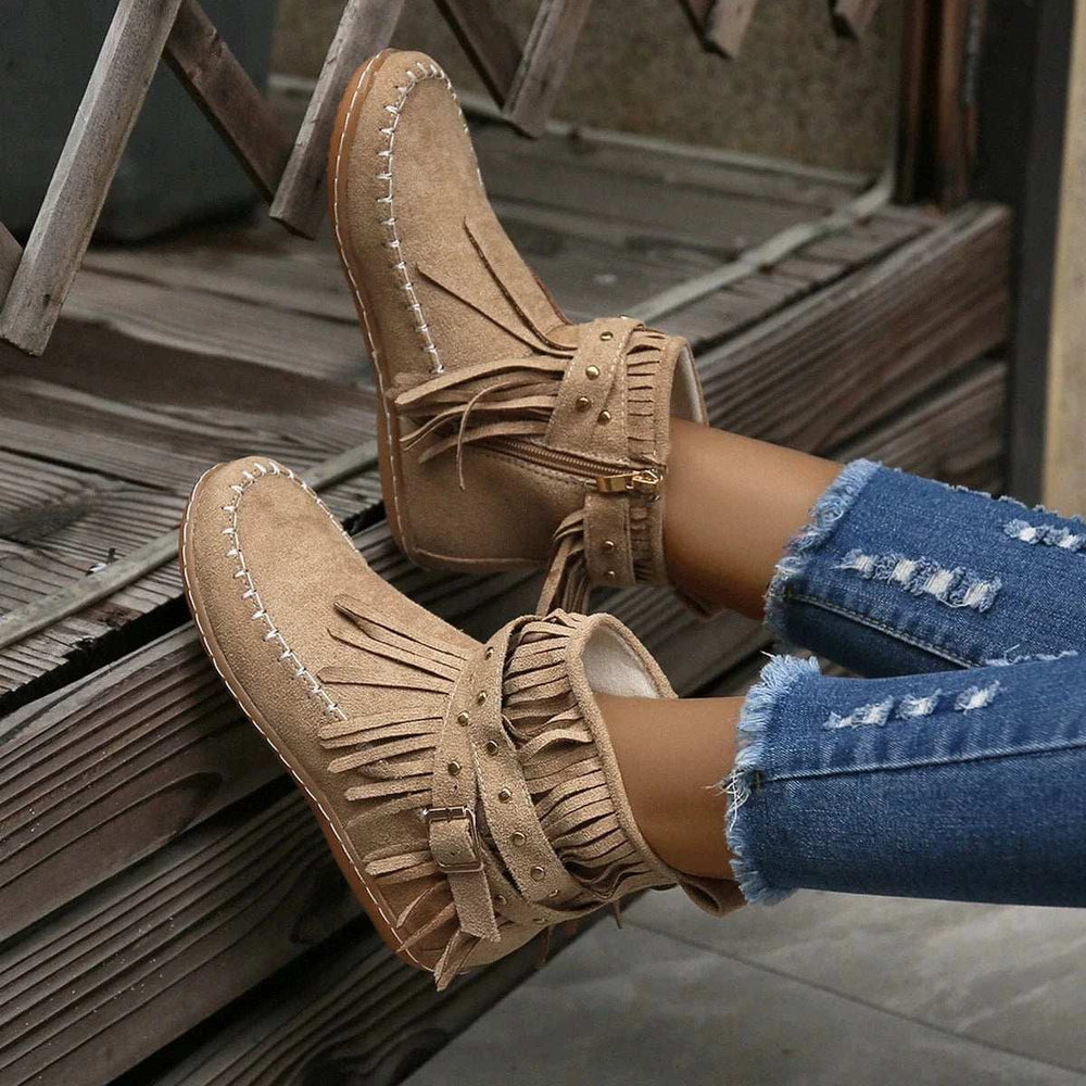 Fringe Studded Suede Flat Boots - Trendsi - Flyclothing LLC
