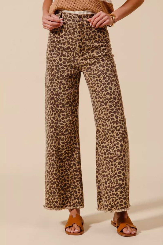 SO ME Mid Rise Leopard Twill Frayed Hem Wide Leg Pants - Trendsi - Flyclothing LLC