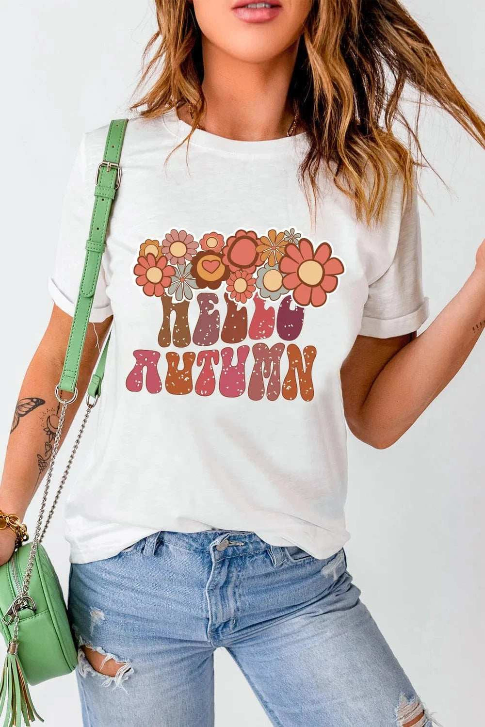 Flower & Letter Graphic Round Neck Short Sleeve T-Shirt - Trendsi - Flyclothing LLC