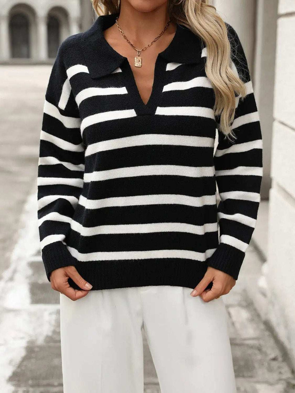 Striped Johnny Collar Long Sleeve Sweater - Trendsi - Flyclothing LLC