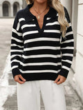Striped Johnny Collar Long Sleeve Sweater - Trendsi - Flyclothing LLC