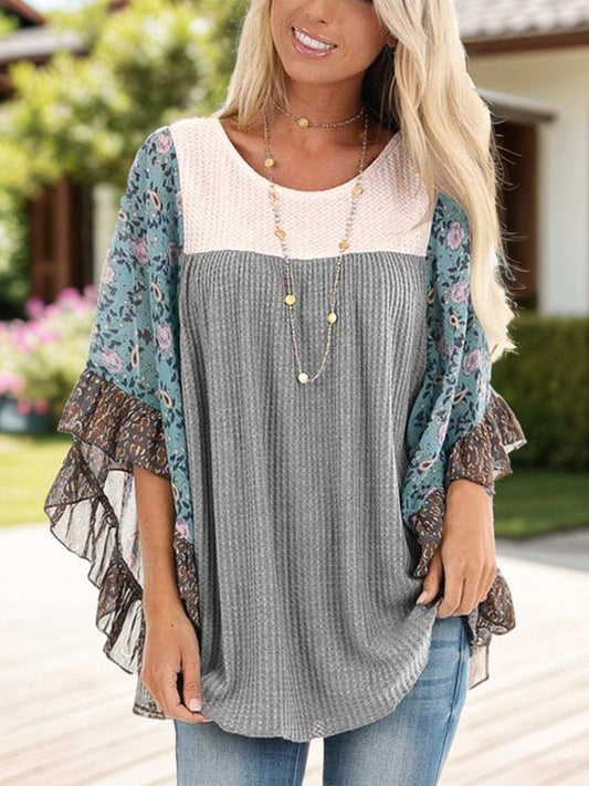 Full Size Printed Round Neck Three-Quarter Sleeve Blouse - Trendsi - Flyclothing LLC