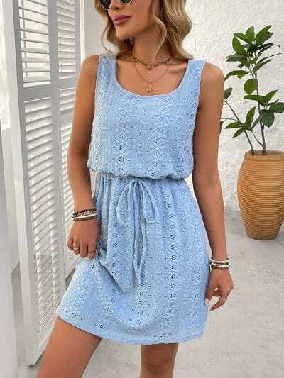 Eyelet Drawstring Round Neck Sleeveless Dress - Trendsi - Flyclothing LLC