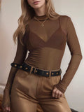 Mock Neck Long Sleeve Sheer Top - Trendsi - Flyclothing LLC