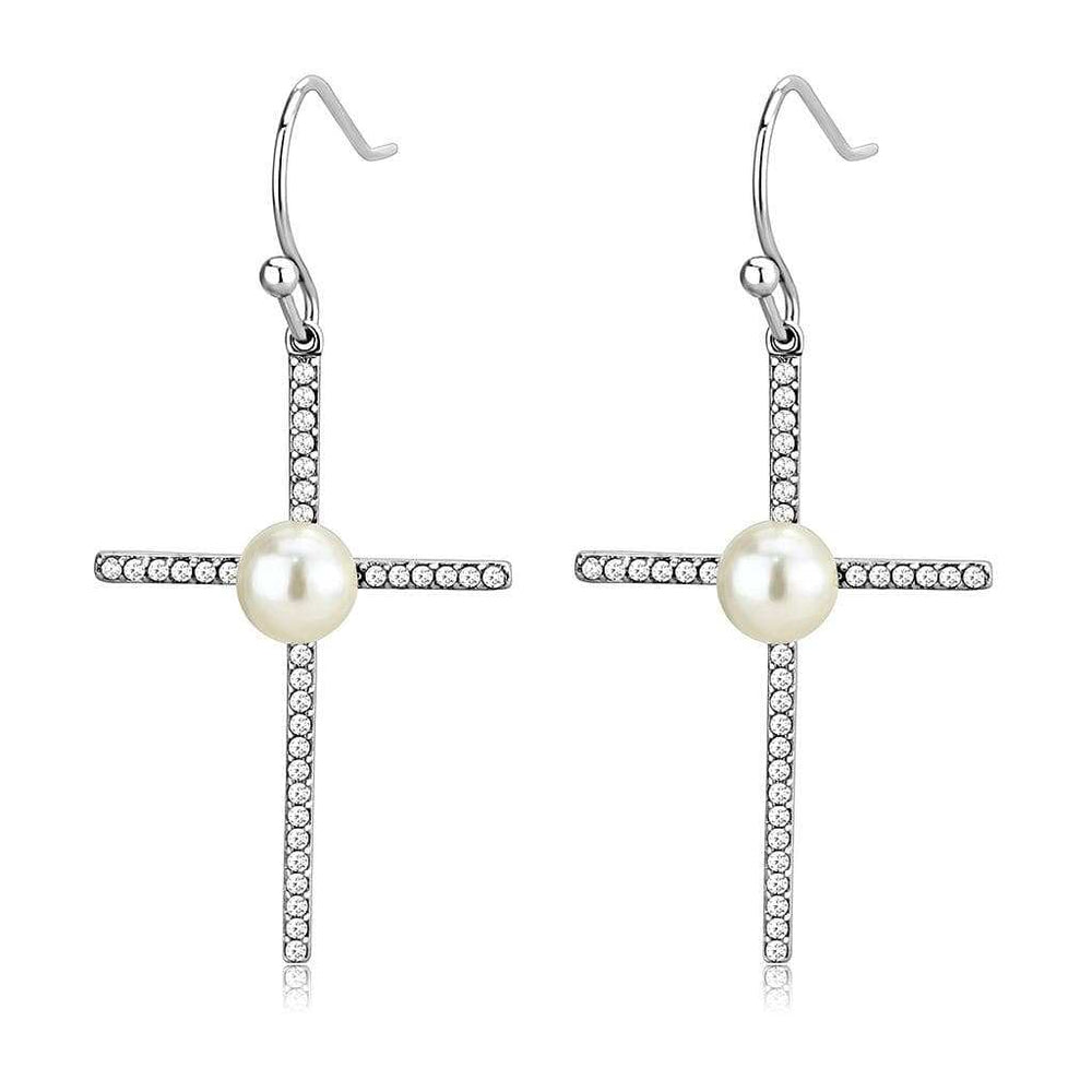 DA192 - High polished (no plating) Stainless Steel Earrings with Synthetic Pearl in White - Alamode - Flyclothing LLC