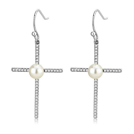 DA192 - High polished (no plating) Stainless Steel Earrings with Synthetic Pearl in White - Alamode - Flyclothing LLC