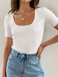 Ribbed Square Neck Short Sleeve Knit Top - Trendsi - Flyclothing LLC