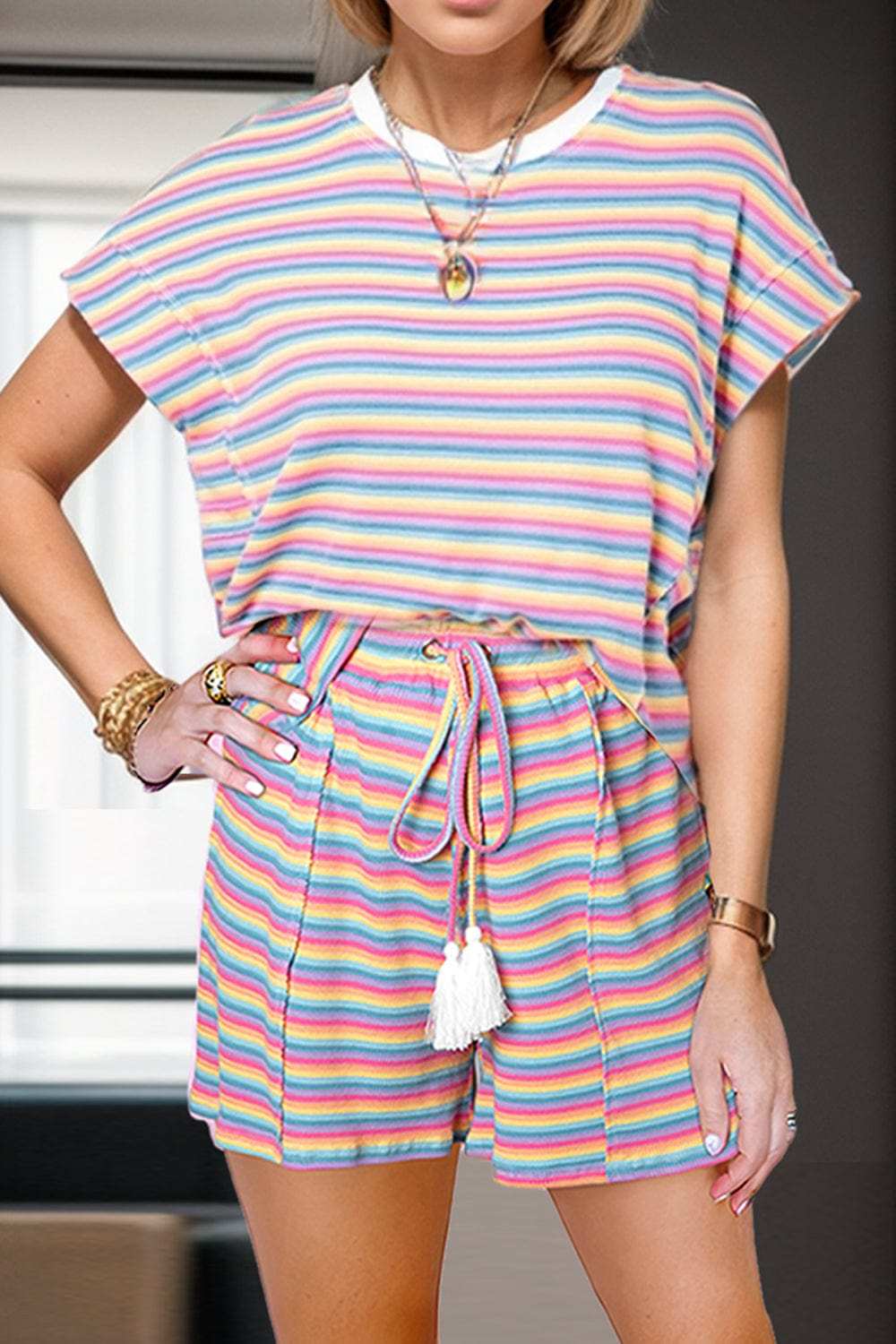 Striped Round Neck Top and Shorts Set - Trendsi - Flyclothing LLC