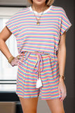 Striped Round Neck Top and Shorts Set - Trendsi - Flyclothing LLC