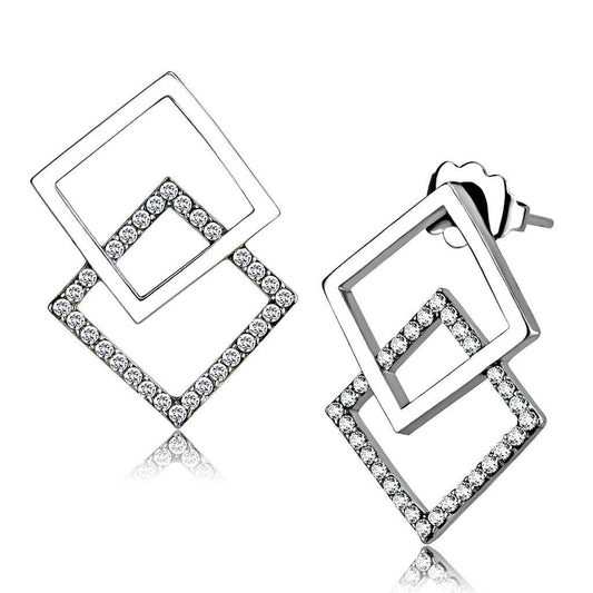 DA201 - High polished (no plating) Stainless Steel Earrings with AAA Grade CZ in Clear - Alamode - Flyclothing LLC