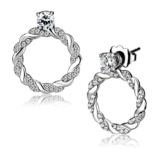 DA217 - High polished (no plating) Stainless Steel Earrings with AAA Grade CZ in Clear - Alamode - Flyclothing LLC