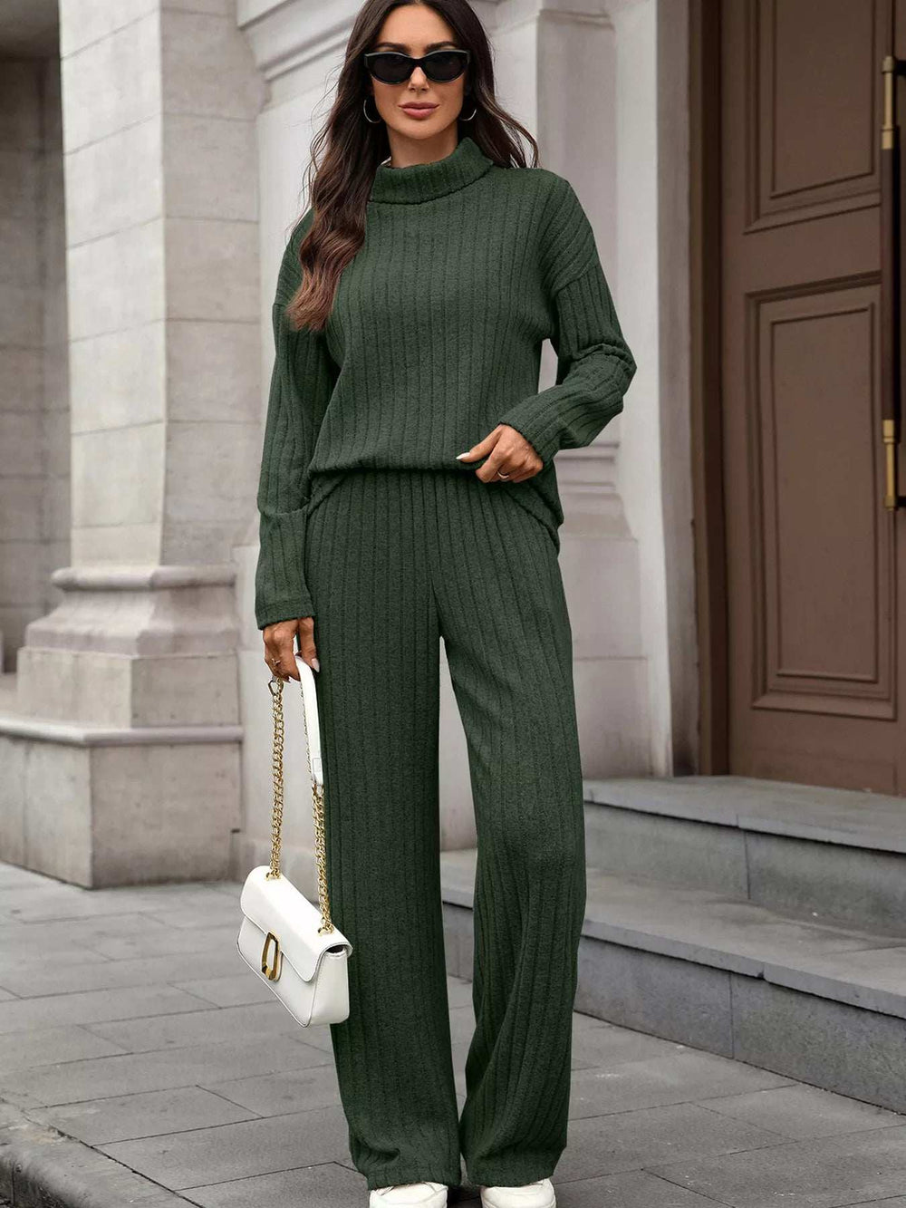 Ribbed Turtleneck Dropped Shoulder Top and Pants Sweater Set - Trendsi - Flyclothing LLC