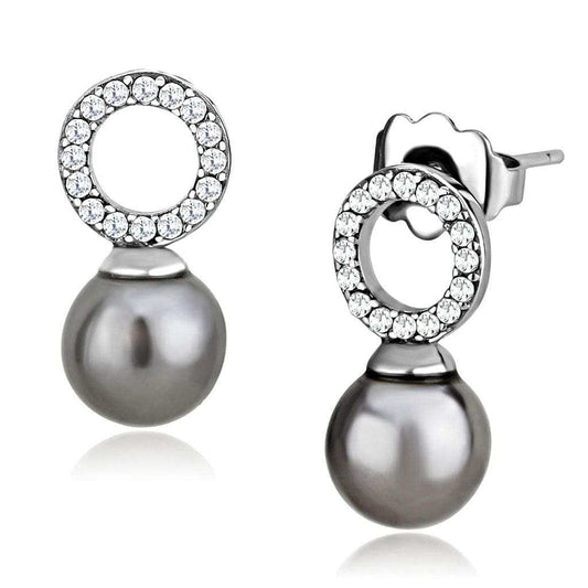DA221 - High polished (no plating) Stainless Steel Earrings with Synthetic Pearl in Gray - Alamode - Flyclothing LLC