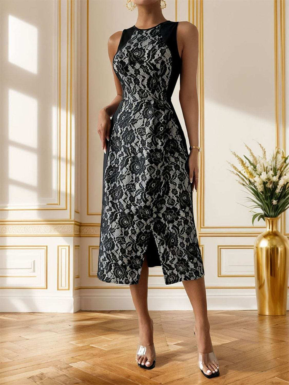 Slit Rose Round Neck Sleeveless Midi Dress - Trendsi - Flyclothing LLC