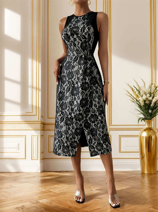 Slit Rose Round Neck Sleeveless Midi Dress - Trendsi - Flyclothing LLC