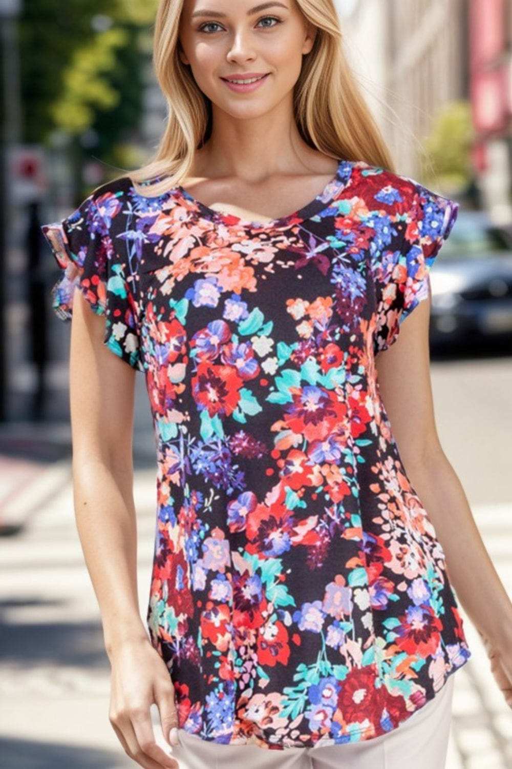 Heimish Ruffle Sleeve Floral Top - Trendsi - Flyclothing LLC
