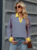 Striped Johnny Collar Long Sleeve Sweatshirt - Trendsi - Flyclothing LLC