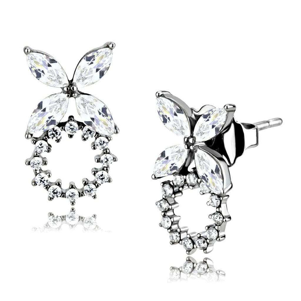 DA296 - High polished (no plating) Stainless Steel Earrings with AAA Grade CZ in Clear - Alamode - Flyclothing LLC