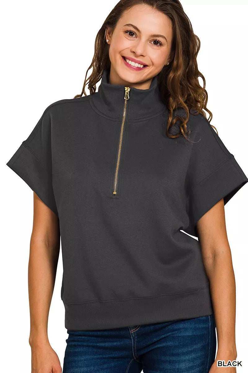 Zenana Full Size Scuba High Neck Half Zip Short Sleeve Top Plus Size - Trendsi - Flyclothing LLC