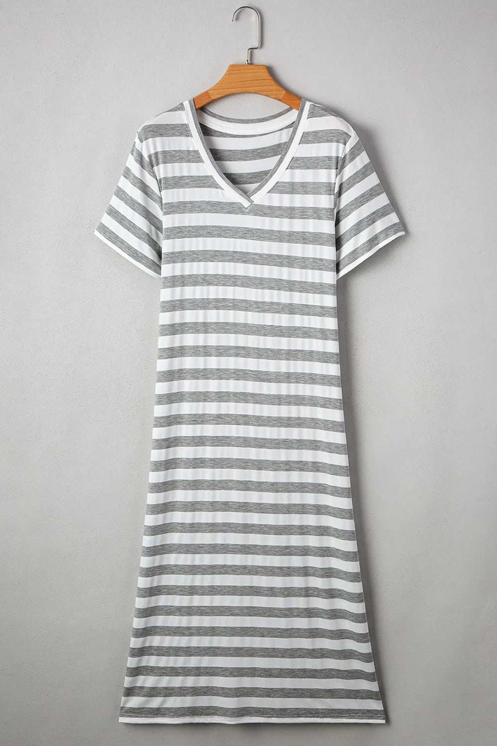 Casual Striped V-Neck Midi T-Shirt Dress - Trendsi - Flyclothing LLC