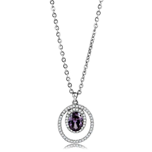 DA300 - High polished (no plating) Stainless Steel Chain Pendant with AAA Grade CZ in Amethyst - Alamode - Flyclothing LLC