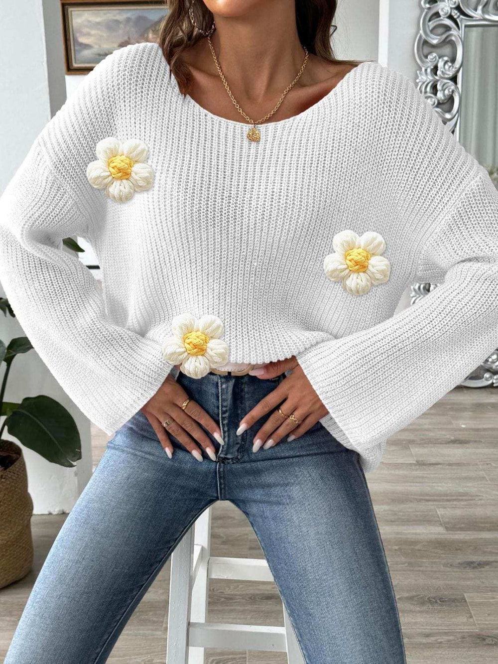 Flower Round Neck Long Sleeve Sweater - Trendsi - Flyclothing LLC