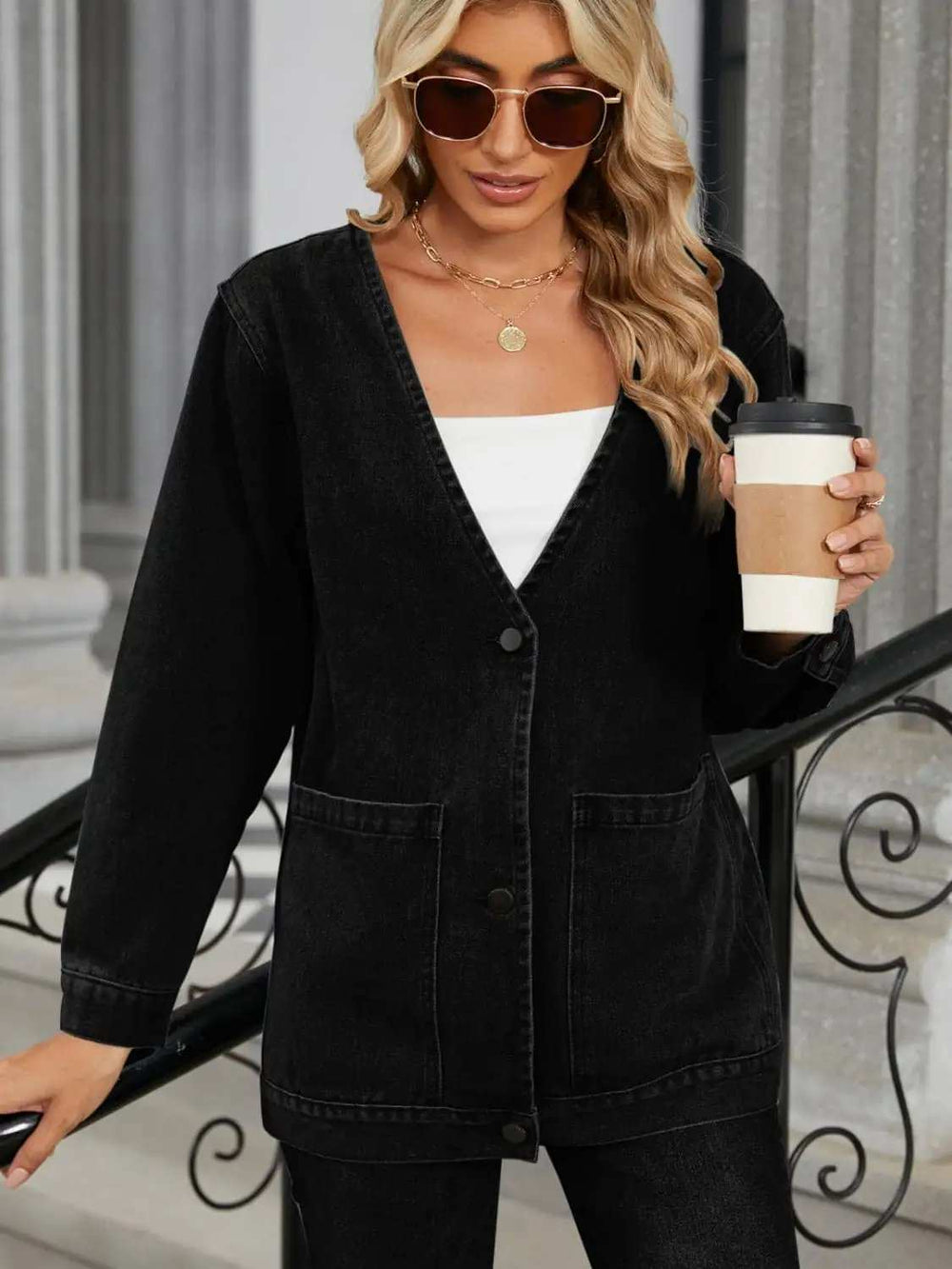 Pocketed V-Neck Button Up Denim Jacket - Trendsi - Flyclothing LLC