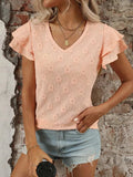 Eyelet V-Neck Ruffled Cap Sleeve Top - Trendsi - Flyclothing LLC
