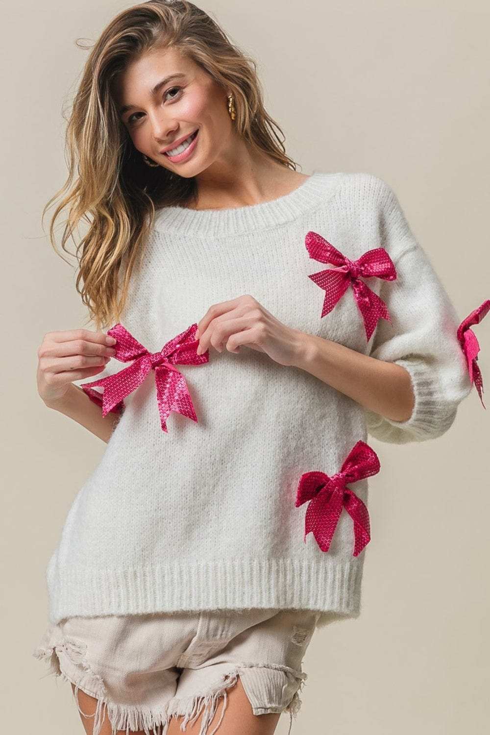 BiBi Sequin Bow Puff Sleeve Sweater - Trendsi - Flyclothing LLC