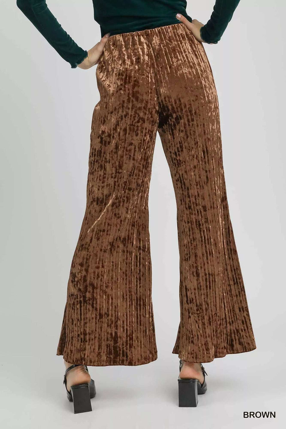 Umgee Velvet Pleated Wide Leg Pants - Trendsi - Flyclothing LLC