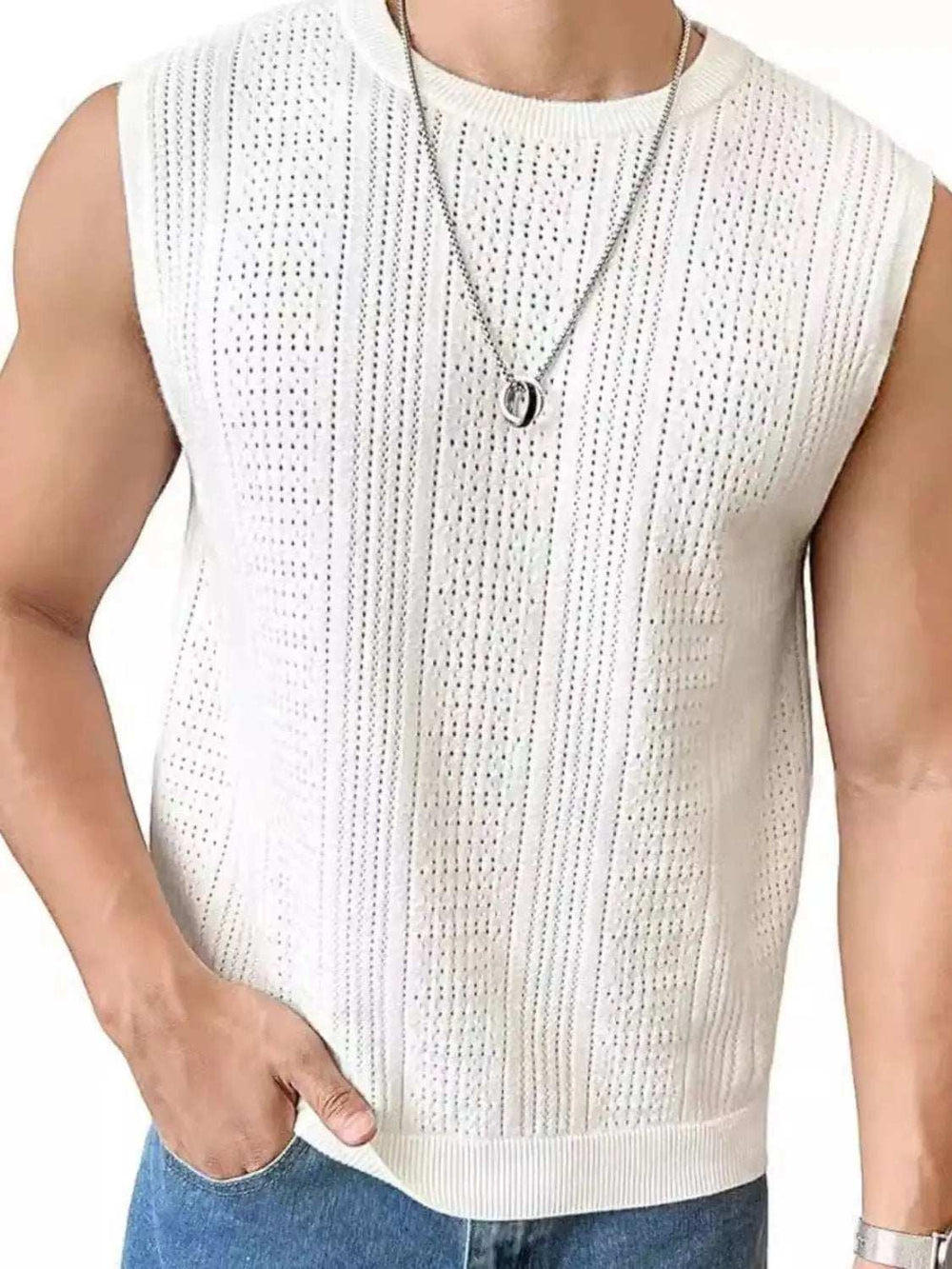 Men's Full Size Eyelet Round Neck Tank Plus Size - Trendsi - Flyclothing LLC