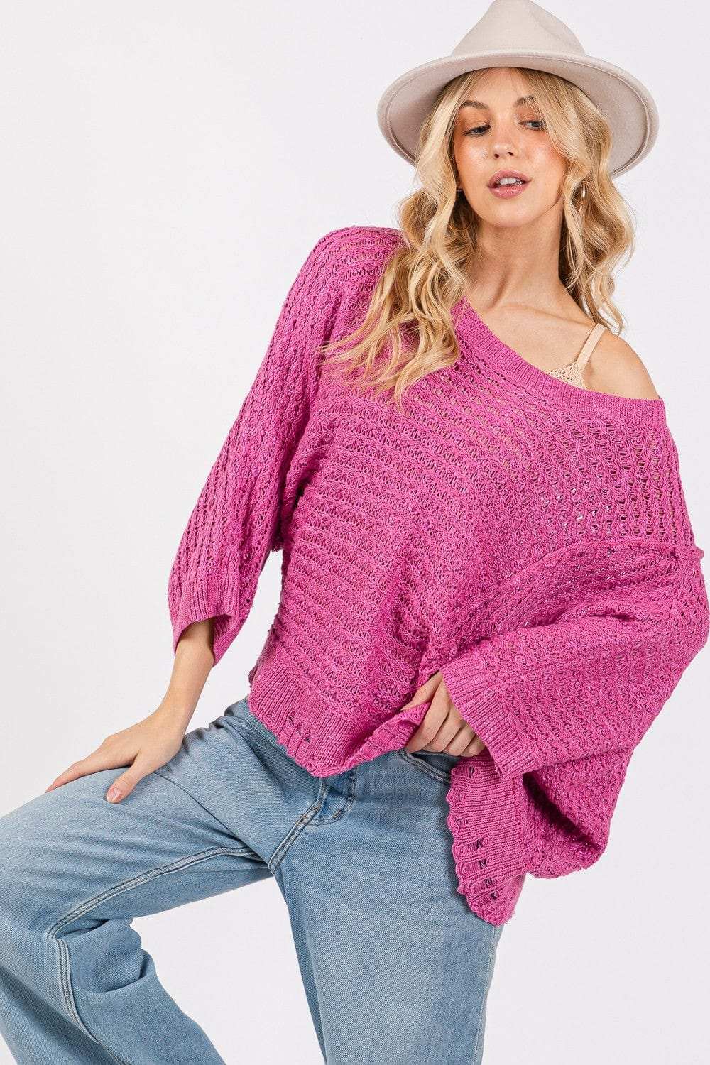 SAGE + FIG Distressed Asymmetrical Open Stitch Sweater - Trendsi - Flyclothing LLC