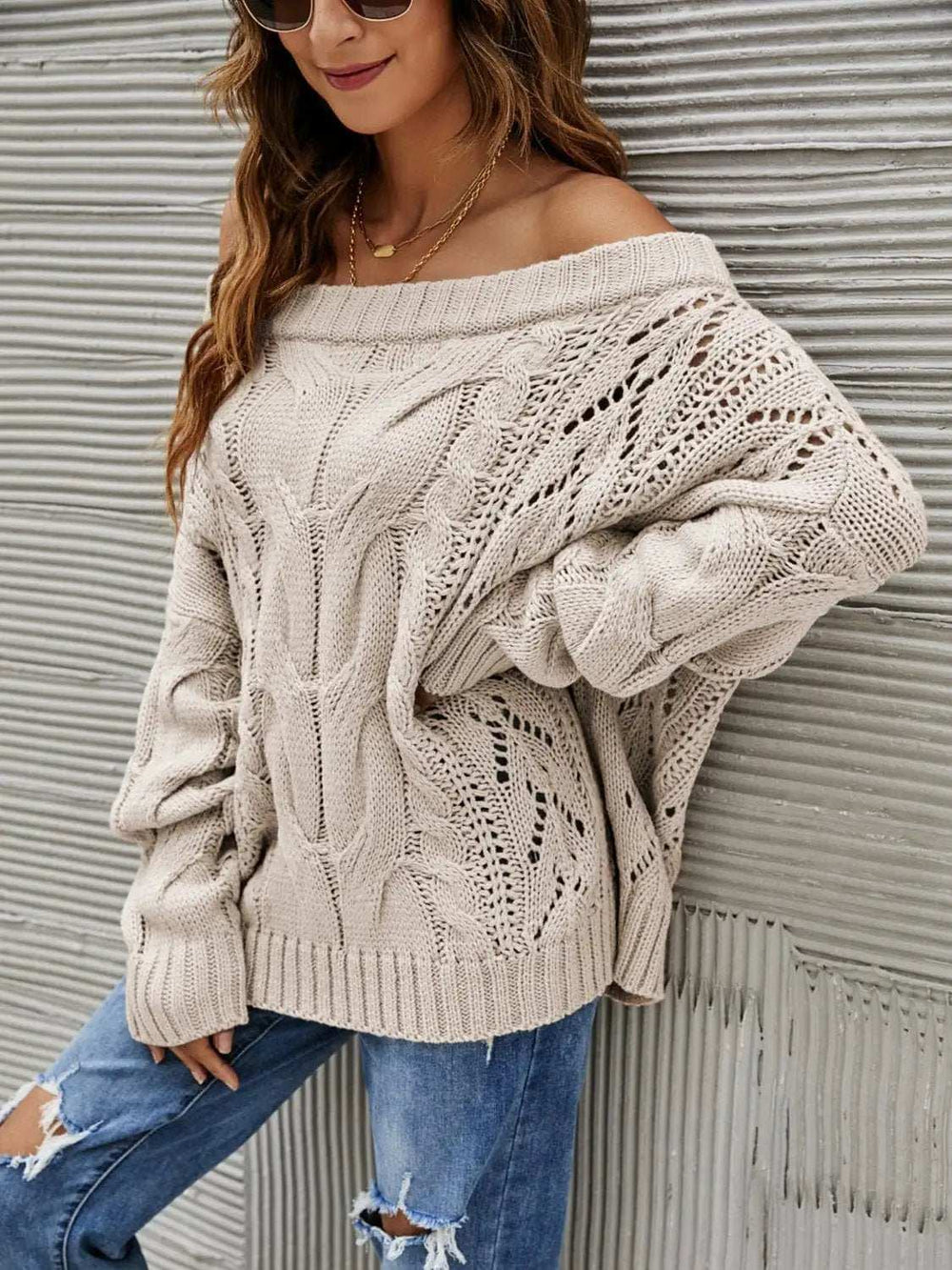Cable Knit Openwork Off-Shoulder Sweater - Trendsi - Flyclothing LLC