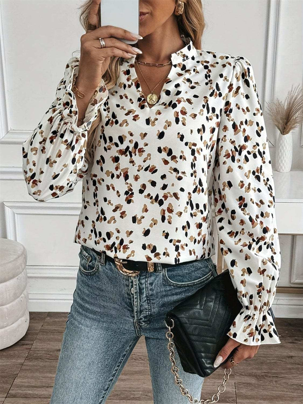 Printed Notched Flounce Sleeve Blouse - Trendsi - Flyclothing LLC
